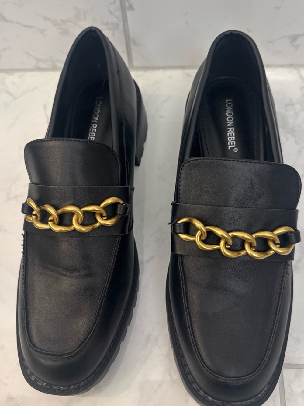London Rebel Black Leather Chain Loafers